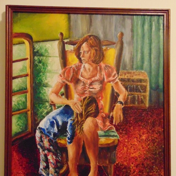 Original Oil Painting on Canvas, Little Girl & Teacher, Wood Frame, 26.3 x 22.3 - Picture 2 of 5